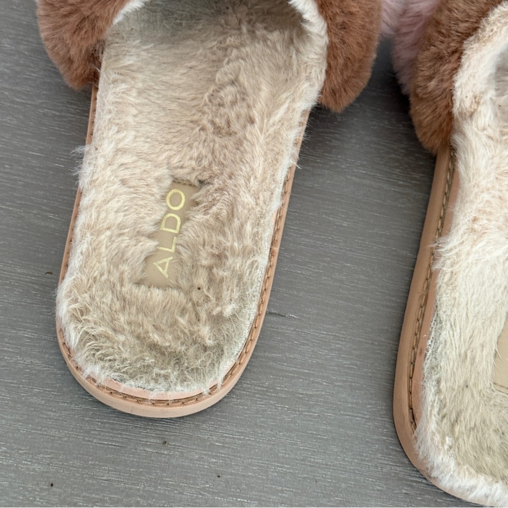 Aldo Women's Fuzzy Pink and Brown Slide Slippers - Picture 4 of 5
